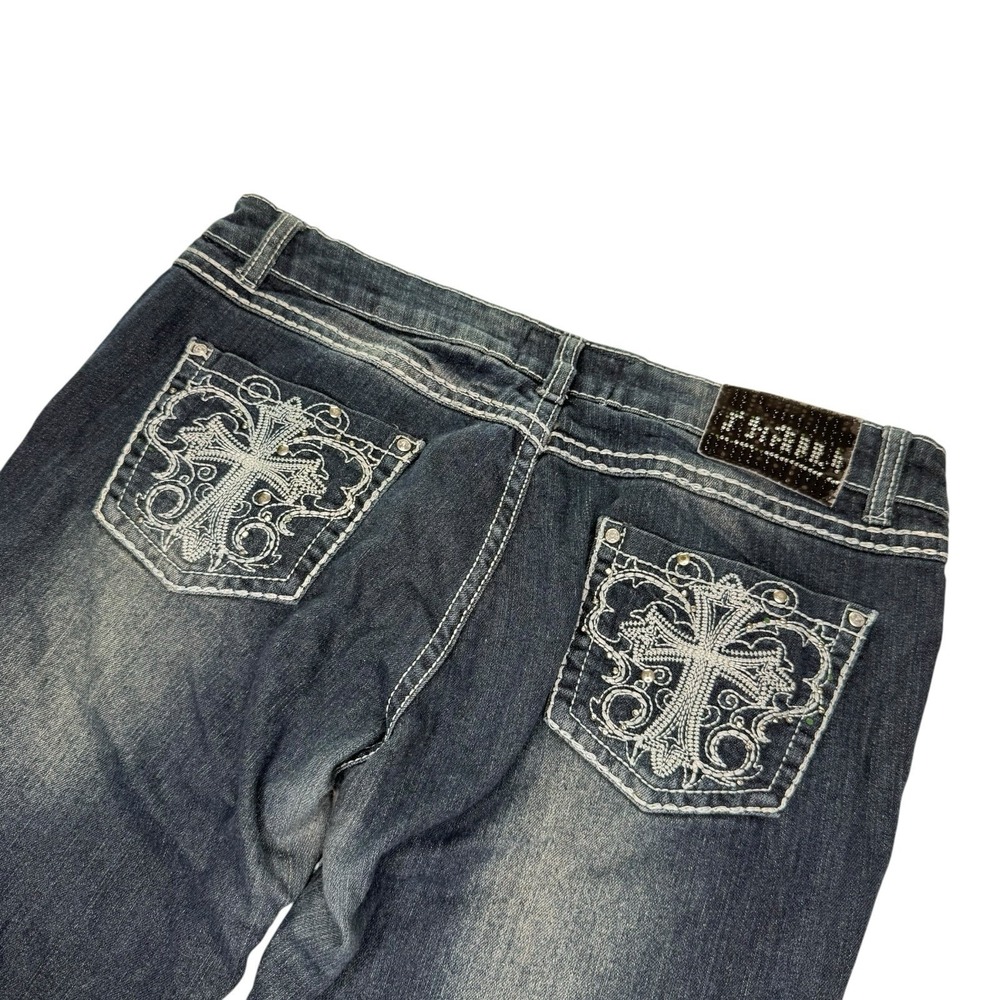Thrill Womens Bootcut Jeans Size 11 Dark Wash Cross Pocket Studded Y2K Denim